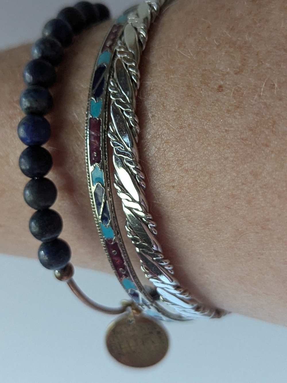 Silvertone and Blue Beaded Stackable Bracelet Set - Picture 3 of 9